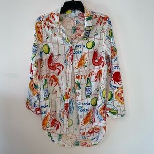 Calypso St Barth Cajun Novelty Print Button Up Linen Blend Top Size Large